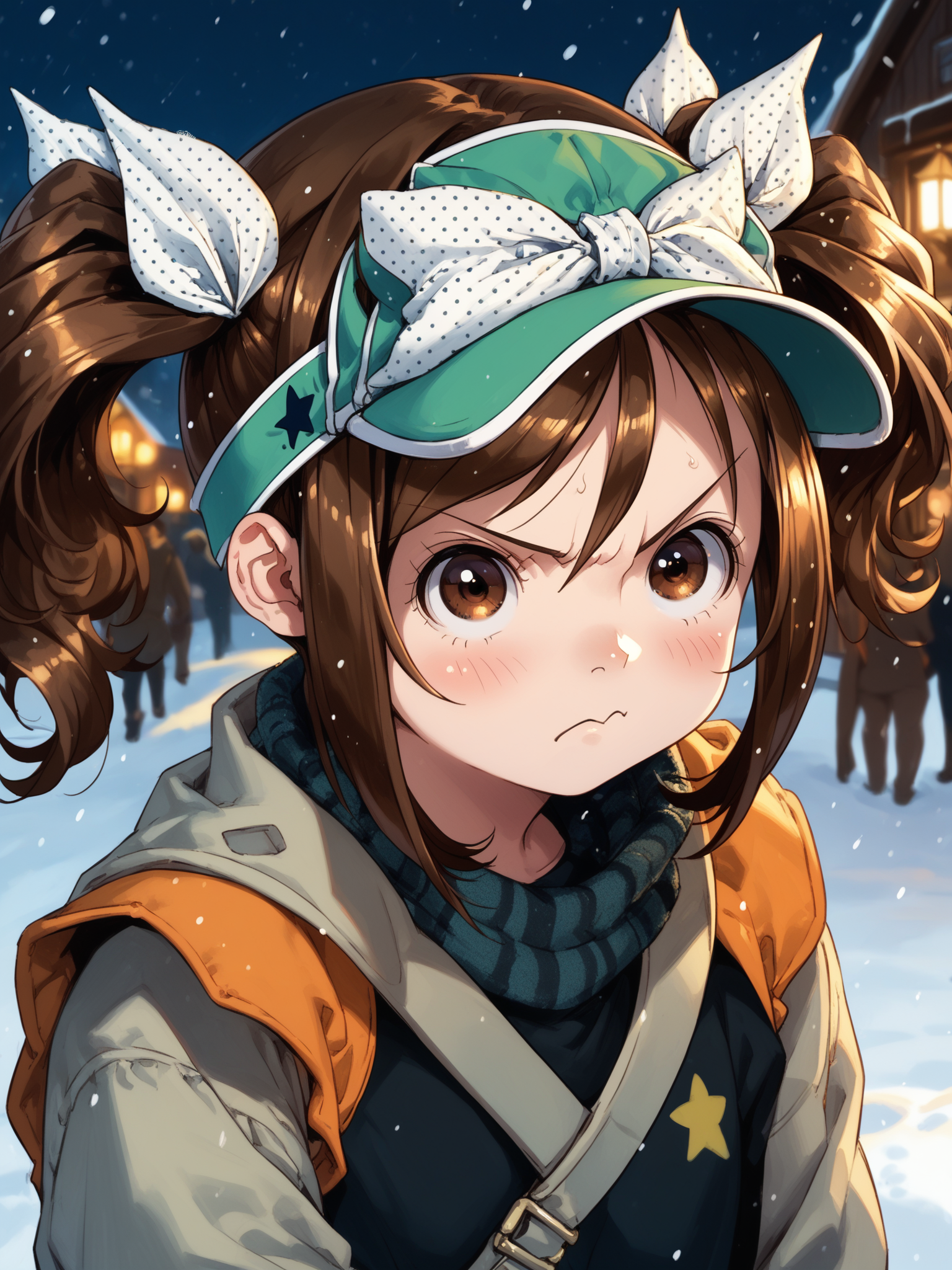 (upper body, solo focus:1.2) <lora:happy_tentacle-haruka-v0.1-000032:1>, ht_haruka, brown eyes, brown hair, polka dot ribbon, visor cap, polka dot bow, bracelet (petite:1.2), <lora:Shed_The_Skin's StS_age_slider_v1_initial_release:-1> ( :1.1) ( , , (annoyed :1.2) , , (looking at another:1.2) :1.2) , outdoors, vegetation, (overgrown :1.1), winter, snow , (dusk :0.6), , (:0.5), (people:1.1) , ( :0.9), (village :1.2) (( from above :1) :0.8) score_9, score_8_up, score_7_up, score_6_up, score_5_up, score_4_up, ( [(realistic, photorealistic:1.3):(realistic:1.2):16] [(3d:1.2)::14] :1) <lora:LUUNA's Lunas-NijiJourney-SDXL-B2:0.35>, nijijourney <lora:prgfrg23's Counterfeit-V3.0 Style SDXL_LoRA_Pony Diffusion V6 XL:0.5> <lora:mfcg's mfcgXL:0.12> <lora:reweik's gyokai(himehajime)_PonyXL_style_v01:0.14>