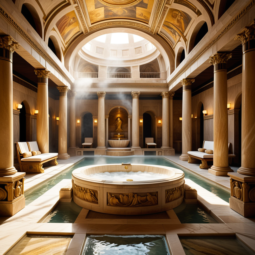 A highly detailed and realistic photograph of an ancient Roman sauna (thermae) from the time of Caesar, featuring grand marble architecture with intricate carvings and columns. The central bath is filled with steaming water, surrounded by polished marble tiles and mosaics depicting mythological scenes. The room is illuminated by natural light streaming through small openings in the high, domed ceiling, creating soft shadows and reflections on the water's surface. The atmosphere is hazy from the steam, and a few individuals dressed in Roman togas and tunics can be seen reclining on benches or chatting near the bath. The overall color palette includes shades of white, gold, and earthy tones, emphasizing the luxurious and serene environment.<lora:SDXLFaeTastic2400:0.4> <lora:extremely_detailed:0.4> extremely detailed, Masterpiece,best quality,hi res,8k,hi res,8k,award winning,(sharp focus, intricate, highly detailed),