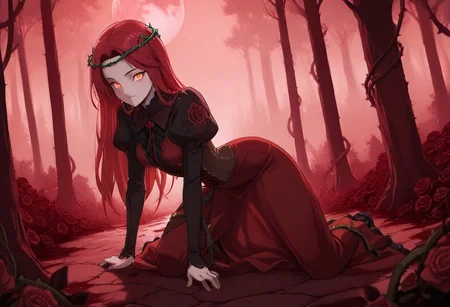 masterpiece, best quality, very aesthetic, absurdres, 1girl, solo, looking at viewer, downturned face, slight smile, red hair, long hair, glowing red-orange eyes, rust red dress, covering full body, long sleeves, rose patterns on puffy shoulder sleeves, collared dress, black lace collar with one large real red rose in the center, (black dead thorny circlet crown) of thorns on her head, corset with leather straps, thorny rose vines, detailed background, low-key, red haze, red roses, dark fantasy forest, blood moon behind the trees. 