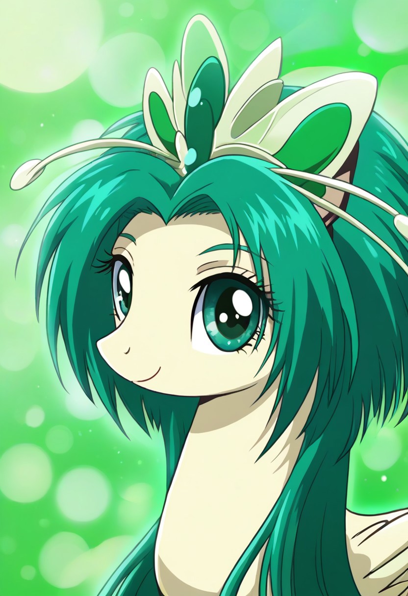 detailed background, green hair,, shiny skin,green eyes,<lora:curemint.pony:1>, curemint, solo,