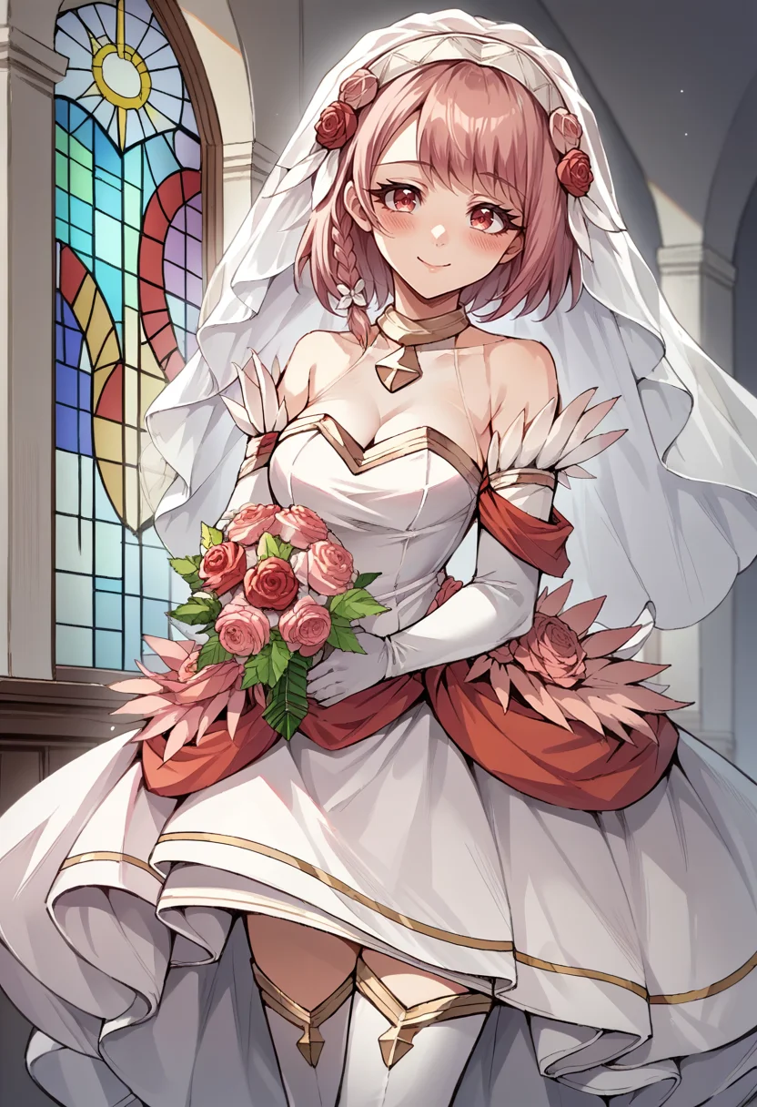 score_9, score_8_up, score_7_up, source_anime, 1girl, looking at you, holding bouquet, smile, blush, <lora:LapisFE-pdxl:1> brdLapis, short hair, side braid, rose hair ornament, bridal veil, wedding dress, cleavage, strapless, white elbow gloves, white thigh boots, indoors, stained glass