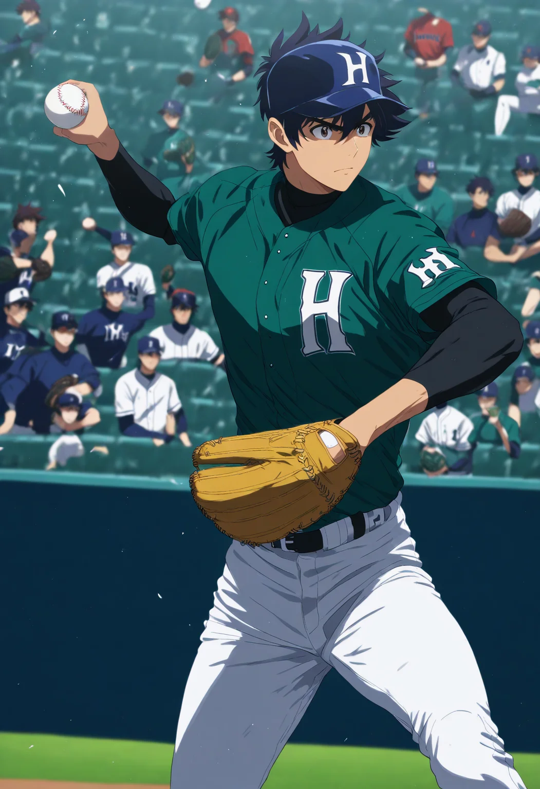 masterpiece,high score,great score,absurdres,goro shigeno,1boy,baseball mitt,male focus,baseball,motion blur,sportswear,baseball uniform,solo,throwing,pitching,stadium,standing,motion lines,ball,crowd,swinging,indiana hornets baseball jersey,white-green baseball jersey,black shirt,<lora:Goro_Shigeno_V1-1-000006:0.8>,cowboy shot,