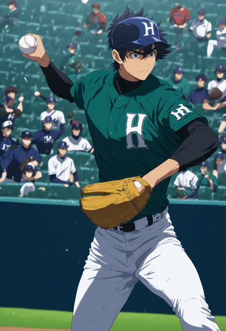 masterpiece,high score,great score,absurdres,goro shigeno,1boy,baseball mitt,male focus,baseball,motion blur,sportswear,baseball uniform,solo,throwing,pitching,stadium,standing,motion lines,ball,crowd,swinging,indiana hornets baseball jersey,white-green baseball jersey,black shirt,<lora:Goro_Shigeno_V1-1-000006:0.8>,cowboy shot,