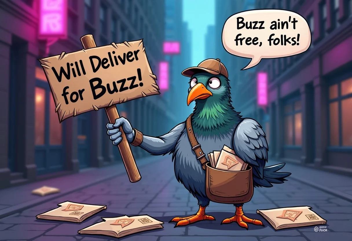 A tired but determined-looking pigeon stands on a busy city street corner, feathers slightly ruffled and eyes focused. He’s wearing a makeshift delivery cap and a tiny mailbag slung across his chest, filled with small envelopes and scrolls. A few letters poke out with lightning-bolt stamps, hinting at his ‘buzz’ deliveries.
The pigeon clutches a weathered cardboard sign in his talons that reads: “Will Deliver for Buzz!” in bold, uneven letters. Around his feet, some of the letters have spilled out, each stamped with a buzz logo, as if he’s been delivering tirelessly. Behind him, the towering buildings and neon lights of the city glow in purples and blues, giving a slightly noir, urban vibe to the scene.
Above the pigeon’s head is a speech bubble that reads:
“Buzz ain’t free, folks!”
The image captures a mix of humor and determination, showing this hardworking pigeon’s daily hustle for buzz in a vibrant, bustling city.