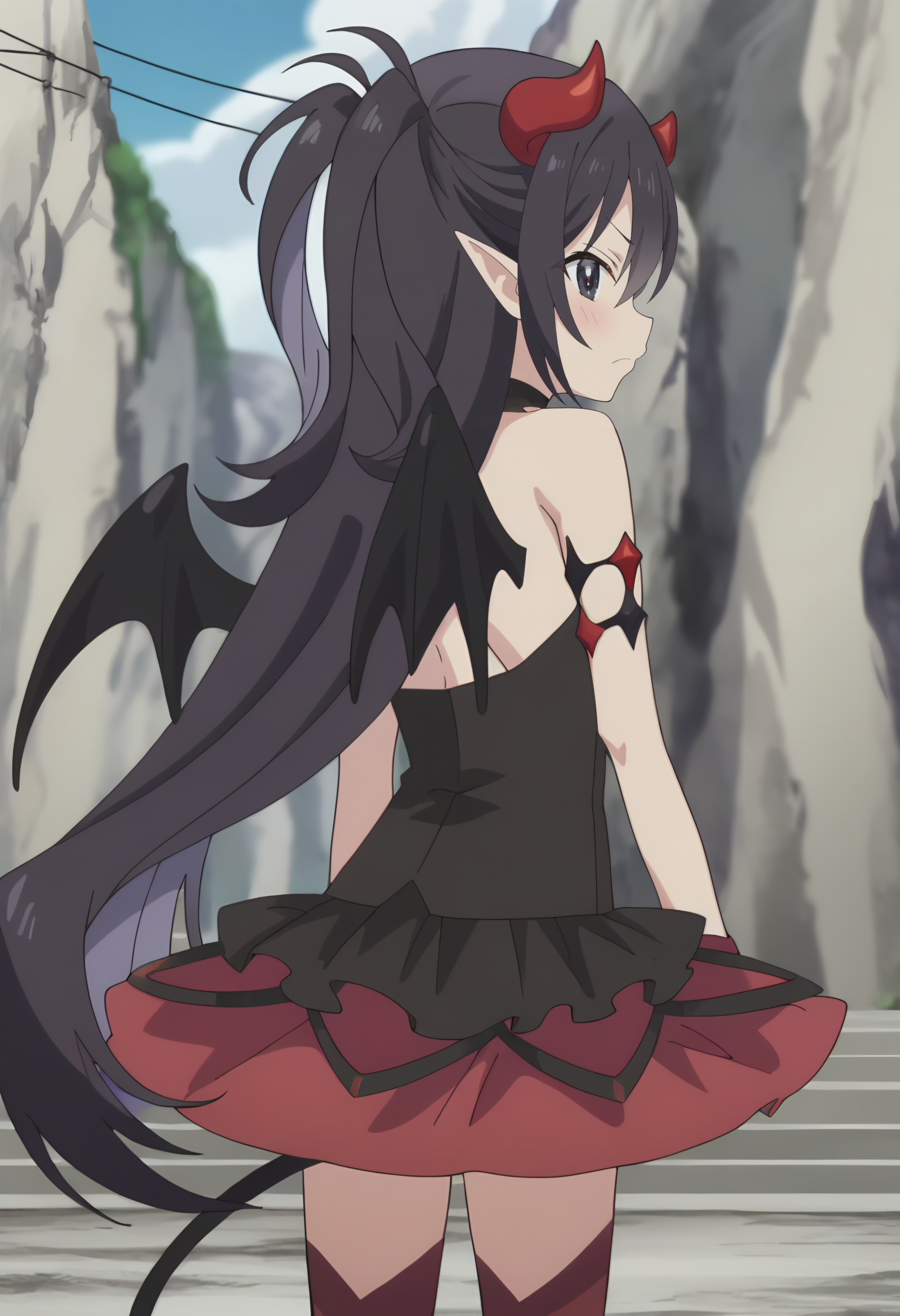 <lora:Luceria:0.9>Luceria, 1girl, solo, long hair, pointy ears, black hair, demon girl, demon horns, demon wings, two side up, black eyes, hair between eyes,   demon tail  ,  bare shoulders, black dress, upper body,skirt, thighhighs, from behind, looking back, score_9, score_7_up,anime coloring ,source_anime, anime, anime screencap