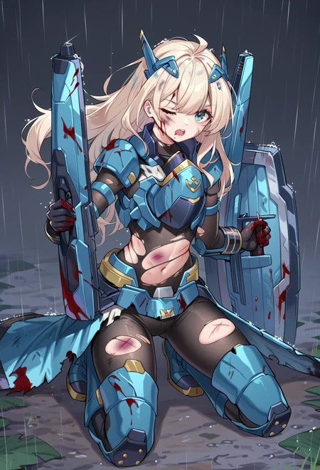 (score_9:0.9),score_8_up,score_7_up,rating:explicit,anime_style,(zPDXL),<lora:Sky striker ace - raye ponyXL v4.1:0.73>, sky striker ace - raye, blue power armor, blue headgear, blue gloves, blue thigh boots, 1girl, rain, injury, solo, one eye closed, torn clothes, damaged, blood, dated, open mouth, weapon, bruise, floating blue shield, blue gun