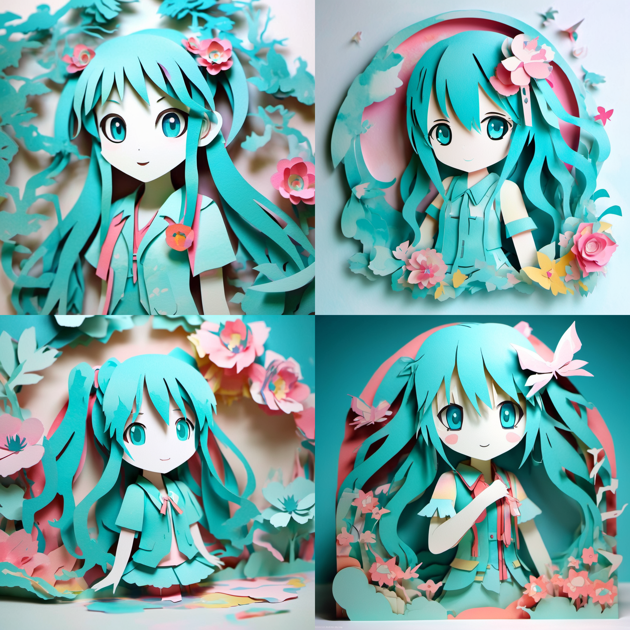 paper cut craft of the Hatsune Miku,so cute face, beatiful girl, full body shot, Watercolour, colorful installations, macro focus, hyper sharpness, appearance obscure and imposing, hyperrealistic detailed, paper illustration,<lora:paper-cut:1>,