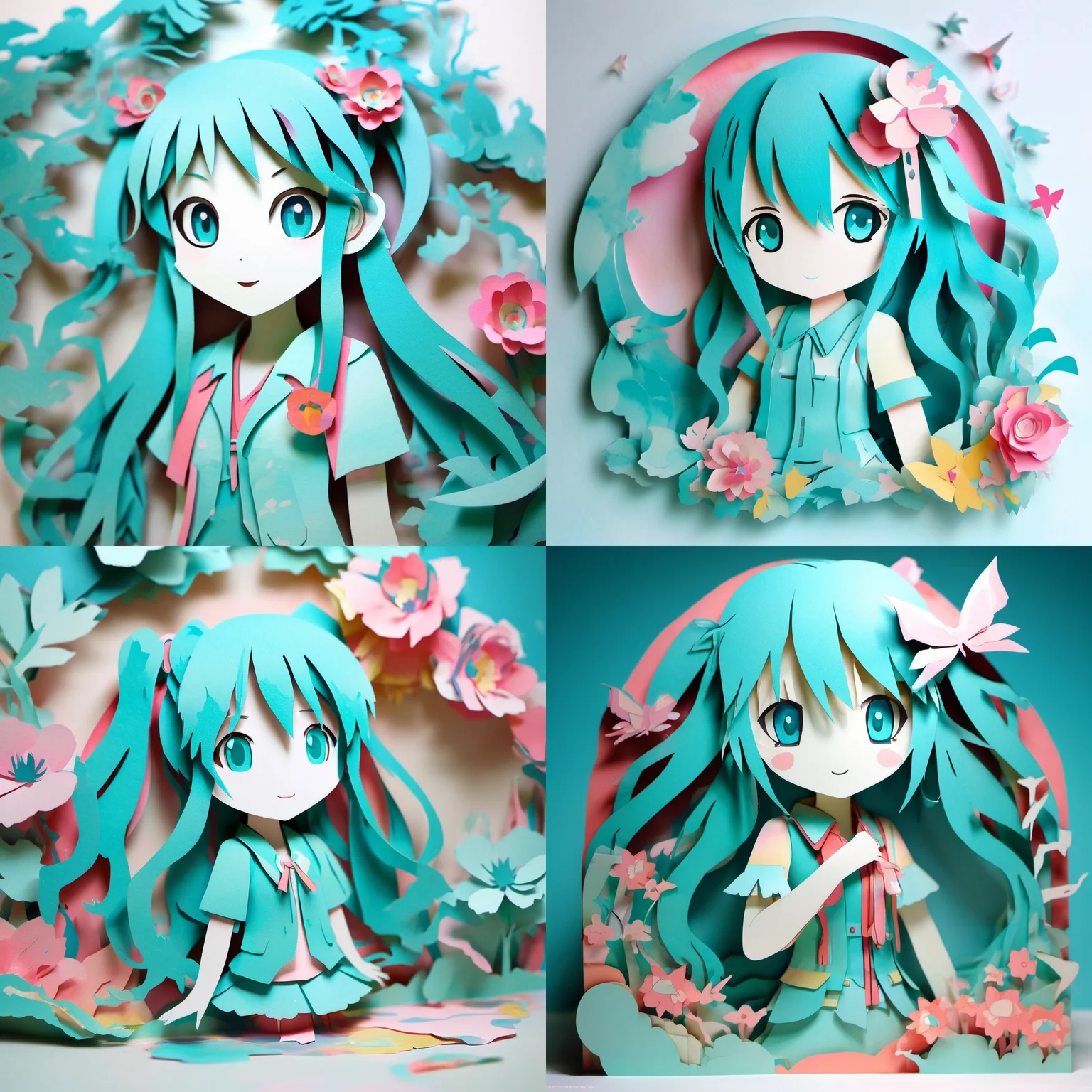 paper cut craft of the Hatsune Miku,so cute face, beatiful girl, full body shot, Watercolour, colorful installations, macro focus, hyper sharpness, appearance obscure and imposing, hyperrealistic detailed, paper illustration,<lora:paper-cut:1>,