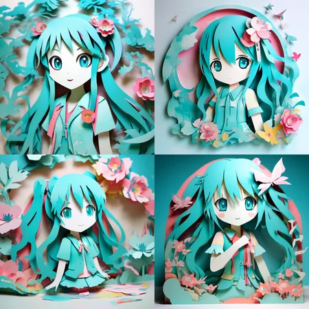 paper cut craft of the Hatsune Miku,so cute face, beatiful girl, full body shot, Watercolour, colorful installations, macro focus, hyper sharpness, appearance obscure and imposing, hyperrealistic detailed, paper illustration,<lora:paper-cut:1>,