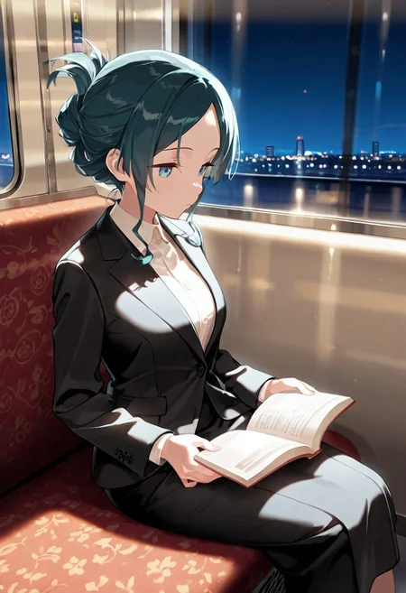 (masterpiece, best quality, newest, absurdes, highres, 2.5d, cute, hyper detailed, ultra detailed, extreme detail), 1girl, formal wear, inside train, sitting, soft light, dappled moonlight, moonlight, night, city lights, window shadow, drop shadow, mature, parted bangs, updo, reading book