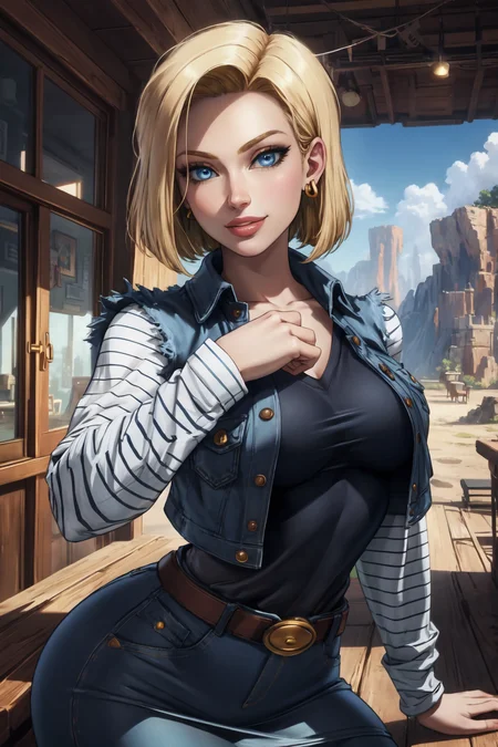 1girl, (solo:1.2), (posing sexually:1.3), (cowboy shot:1.5), smile, happy, closed mouth, luscious lips, (masterpiece:1.3), (best quality:1.3), (perfect anatomy:1.4), highly detailed, <lora:Logan Cure [MockAi - v1.0]:0.8> logancure, realistic, (film grain:1.2), soft shading, western artstyle, (detailed background scenery:1.4), (inside:1.3), <lora:DB - Android 18 [AsuraAI - v1.0]:0.85> android18, earrings, denim, belt, blonde hair, blue eyes, short hair, jewelry, (denim vest:1.2), open vest, black pantyhose, black shirt, denim skirt, (white striped long sleeves), blue skirt, large breasts