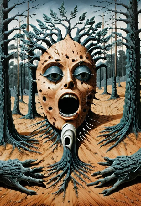 Forest Dryad Scream
A surreal woman mid-scream, her head morphing into gnarled tree roots, bark textures growing from her scalp, forest shadows surrounding her, expression of primal fear or transformation, dark fairytale horror aesthetic, storybook surrealism, pines and needles, pines, needles, an untamed masterpiece waiting to sprout