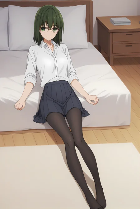 (school uniform skirt white shirt black pantyhose uwabaki), hm-sakura, green hair, green eyes, [glasses, medium hair], medium breasts, 1girl, solo, skinny, score_9, score_8_up, score_8, score_7_up, score_7, score_6_up, score_6, score_5_up, score_5, source_anime, light smile, living room, (1.3::full body|sitting|standing|lying|straight-on|0.6::close-up| :1.20), feet, <lora:hm-sakura-V01-000003:1.00>