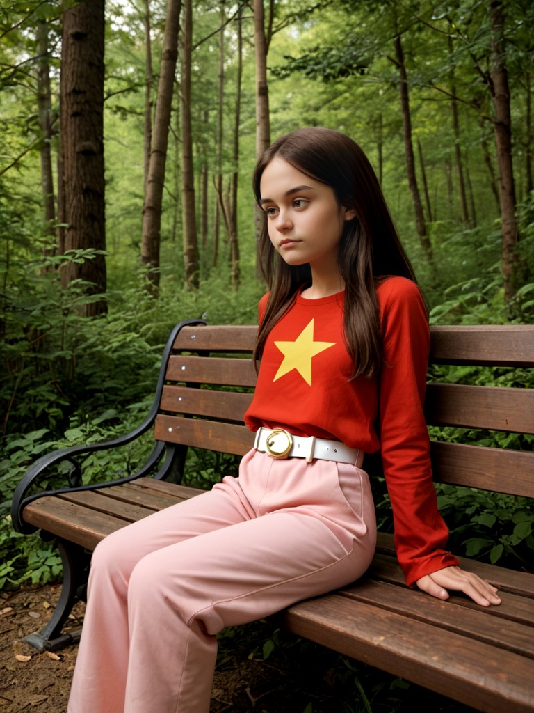 score_9, score_8_up, score_7_up, BREAK, solo , anime, wendy_maury,anime,long hair, Brown hair, in forest,  red shirt with a yellow star, long sleeves, closed mouth, outdoors, light pink pants, white belt, sit on bench, from front, thinking<lora:wendy_maury:1>