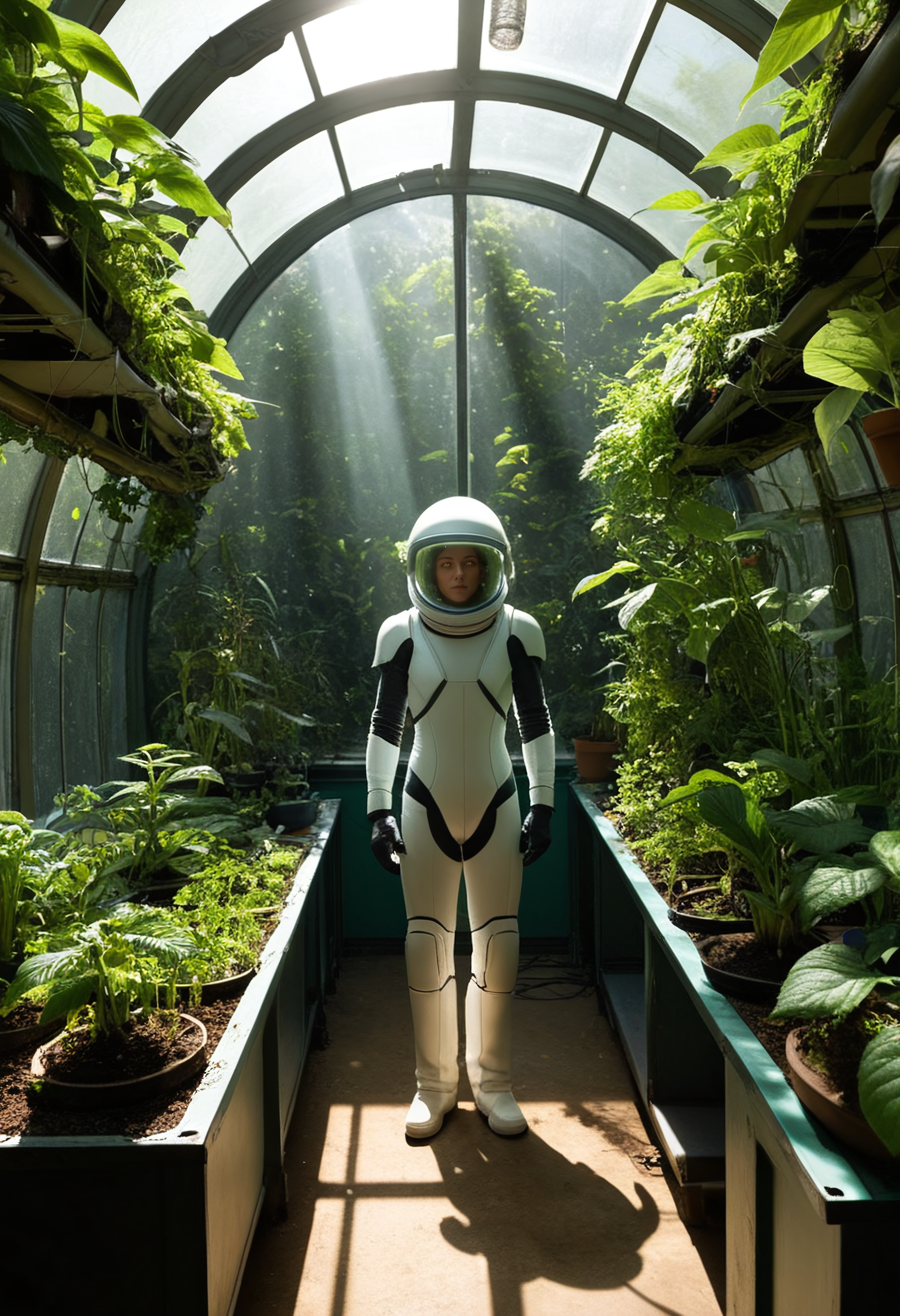 1person, standing in overgrown space colony greenhouse, helmet removed, breathing fresh air for first time, plants glowing faintly, tears visible in eyes, beams of sunlight cutting through dense foliage, rebirth on distant world