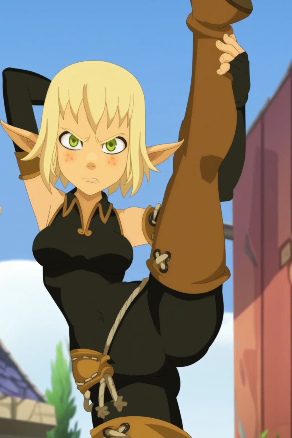 Score_9, score_8_up, score_7_up, 1girl, solo, breasts, <lora:Evangelyne:1> Evangelyne, pointy ears, green eyes, freckles, blonde hair, short hair, thigh boots, elbow gloves, fingerless gloves, bodysuit, covered navel, standing split, arm behind head, holding leg, screencap, outdoors, annoyed, looking at viewer,
