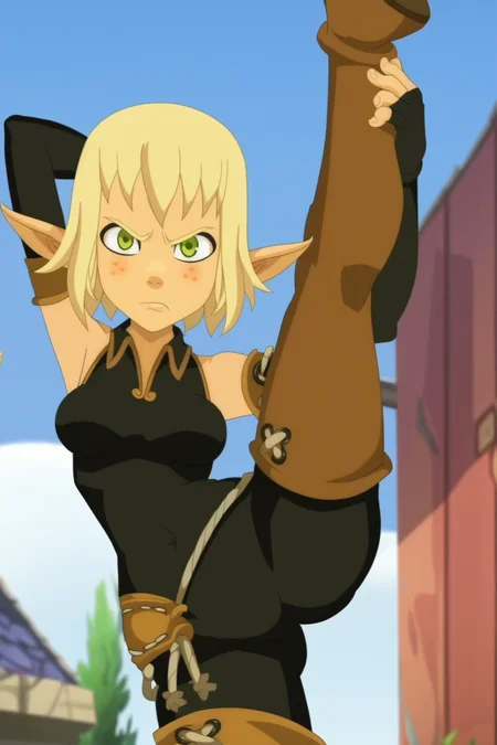 Score_9, score_8_up, score_7_up, 1girl, solo, breasts, <lora:Evangelyne:1> Evangelyne, pointy ears, green eyes, freckles, blonde hair, short hair, thigh boots, elbow gloves, fingerless gloves, bodysuit, covered navel, standing split, arm behind head, holding leg, screencap, outdoors, annoyed, looking at viewer,