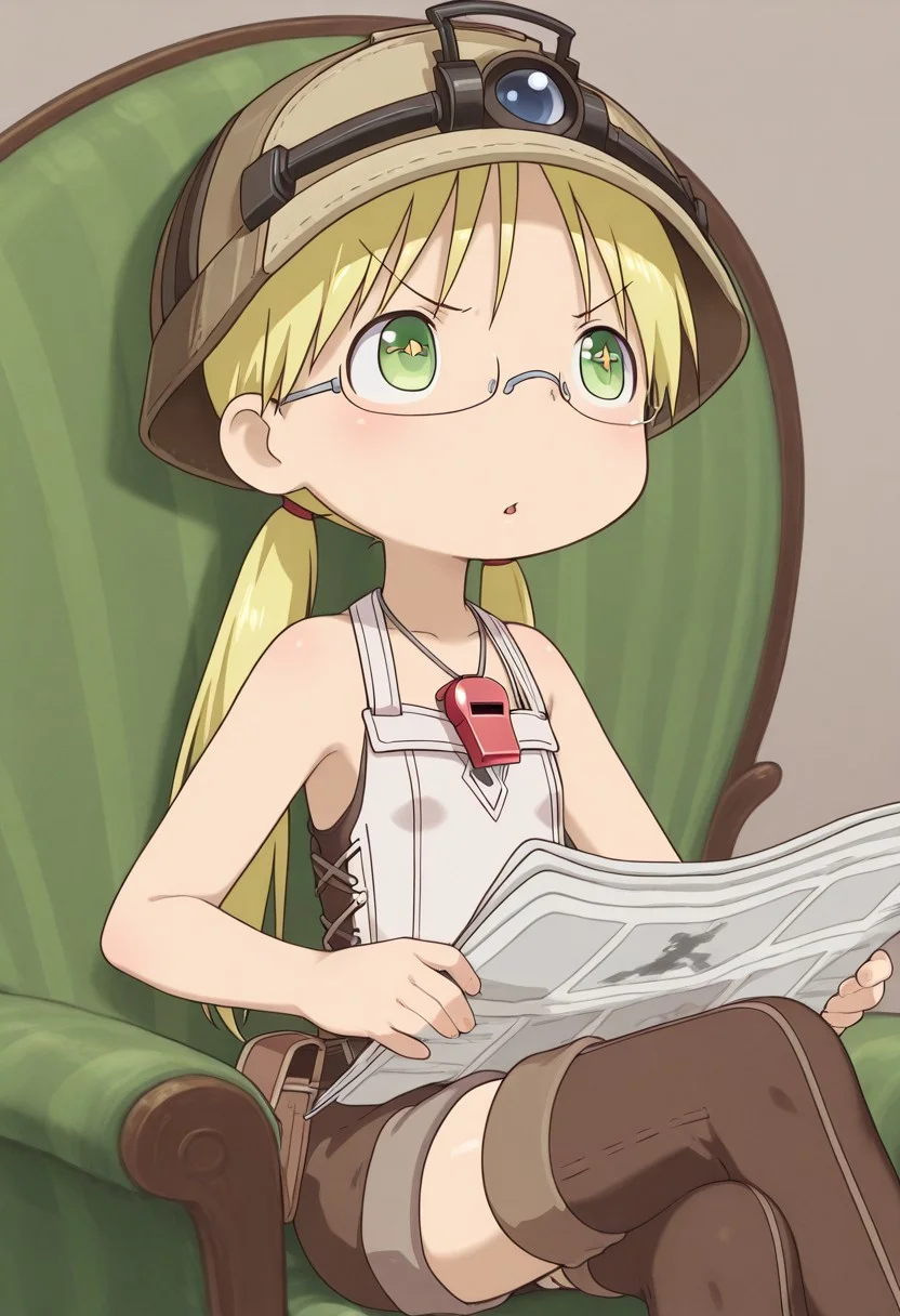 masterpiece, best quality, amazing quality, BREAK, riko \(made in abyss\), blonde hair, green eyes, semi-rimless eyewear, long hair, low twintails, caver outfit, delver hat, red whistle, white dress, backpack, thigh highs, belt, belt bag, tank top, shorts, brown shorts, solo, sparkling eyes, trtn, frown, parted lips, looking away, holding, newspaper, sitting, chair, crossed legs