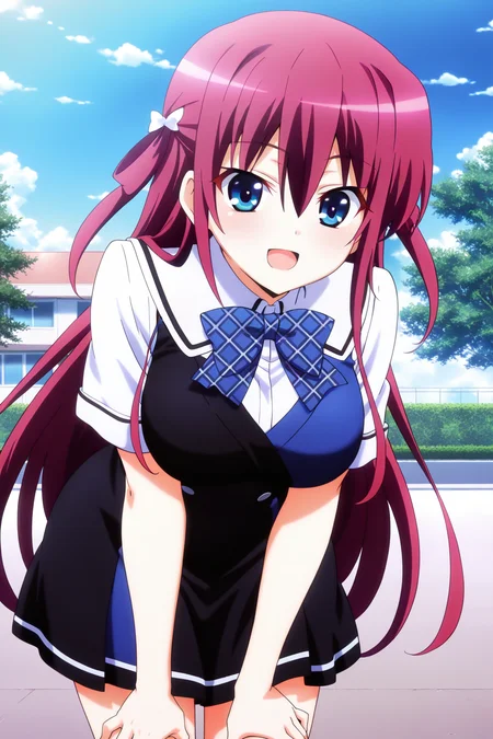 anime screenshot, anime coloring, suou amane, red hair, hair rings, white bow, hair bow, blue eyes, large breasts, school uniform, pinafore dress, black dress, blue dress, two-tone dress, short sleeves, white shirt, blue bowtie, plaid bowtie, looking at viewer, open mouth, smile, leaning forward, hands on own thighs, cowboy shot, outdoors, day, blue sky, masterpiece, best quality, high quality, highres, absurdres, <lora:suou_amane_ILXL:0.9>