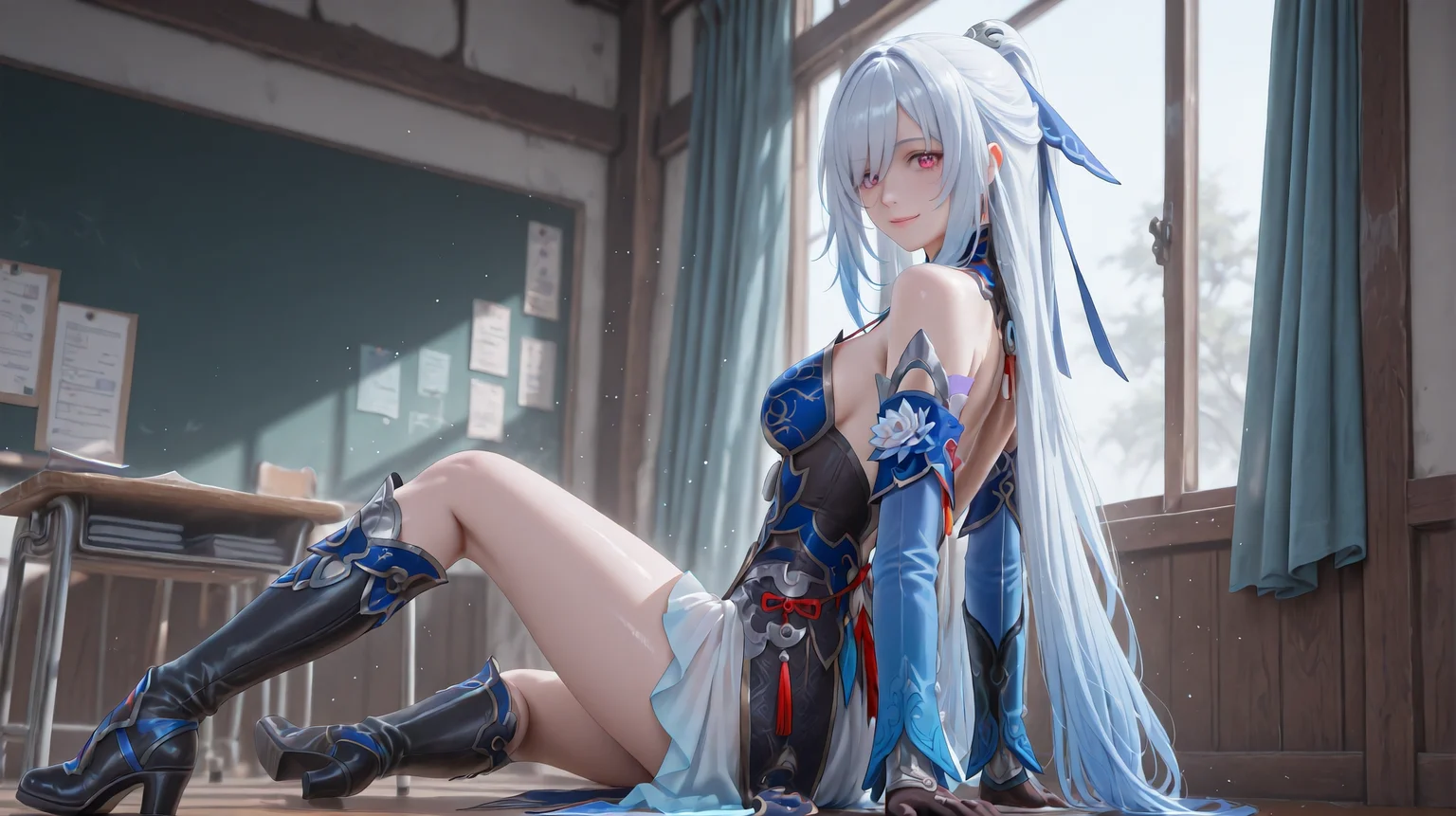 (masterpiece, best quality,realistic,from back, from side, sitting:1.3),absurdres,(looking at viewer, collarbone,),(shiny_eyes,sparkling_eyes,smile:1.2),
Jingliu,jingliu \(honkai: star rail\),1girl,solo,blue sleeves,long hair,detached sleeves,red eyes,gloves,white hair,bare shoulders,high ponytail,dress,black gloves,boots,black footwear,tachi-e,very long hair,high-low skirt,blue dress,
cleavage,medium breasts,bouncing breasts,classroom,<lora:aidmaImageUpgrader-v0.3-IL:0.6>,<lora:Jingliu(IL):0.75>,