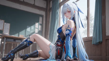 (masterpiece, best quality,realistic,from back, from side, sitting:1.3),absurdres,(looking at viewer, collarbone,),(shiny_eyes,sparkling_eyes,smile:1.2),
Jingliu,jingliu \(honkai: star rail\),1girl,solo,blue sleeves,long hair,detached sleeves,red eyes,gloves,white hair,bare shoulders,high ponytail,dress,black gloves,boots,black footwear,tachi-e,very long hair,high-low skirt,blue dress,
cleavage,medium breasts,bouncing breasts,classroom,<lora:aidmaImageUpgrader-v0.3-IL:0.6>,<lora:Jingliu(IL):0.75>,