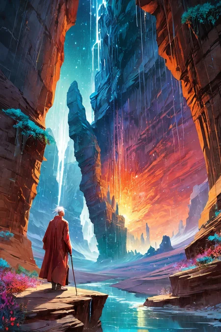 Landscape,Landscape creator,Doorto other world, A canyon carved from fossilized music notes riverbeds of powdered starlight, meteor showers implanting crystalline seeds, Vines bearing flowers that bloom into temporary portals, eternal monsoon with rains rewriting topography, nights cold enough to freeze light into icicle formations, Art painting by Ross Tran and Katsuhiro Otomo and Max Ernst, ,,
<lora:extremely_detailed:0.7> extremely detailed ,
<lora:add-detail-xl:0.7>,
<lora:softdigital2x2:0.15>,
<lora:EpicF4nta5yXL:0.3>,, Magic realism painting art style, surreal compositions, vibrant colors, blurs the line between reality and fantasy