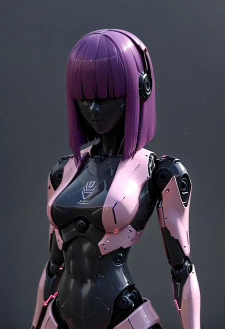 A 35mm photo of a beautiful robotic woman, she has a faceless robotic head, robot, lviolet hair, metallic lavender mesh bodysuit, robotic joints
Robot girl, Mecha, Android, mechanical limbs, robot joints, metal skin, no mouth, armor, no face, noface, cyborg