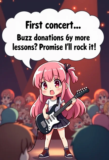 Anime style, cartoon style, funny image, Rookie Rock Star : A super-cute anime girl with pink hairs with an electric guitar, standing on a stage with a nervous smile, surrounded by a few excited fans. Speech bubble exactly saying the text : “First concert… Buzz donations for more lessons? Promise I’ll rock it!”