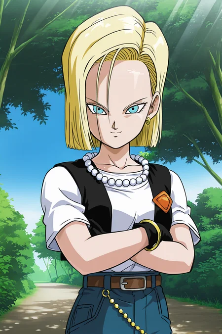 anime screencap, absurdres, high quality, official style,
android 18, cell saga, cell saga outfit, official style, 1girl, solo, looking at viewer, short hair, blue eyes, blonde hair, white shirt, earrings, black gloves, badge, black vest, gold bracelet, crossed arms, outdoors, beads, pearl necklace, cowboy shot, belt, collarbone, denim, high-waist pants, gold chain, shirt tucked in, short sleeves, vest over shirt, v-shaped eyes, v-shaped eyebrows, smile, pocket, nature, blue sky, day, dappled sunlight,
<lora:Android_18_-_Dragon_Ball:0.8>