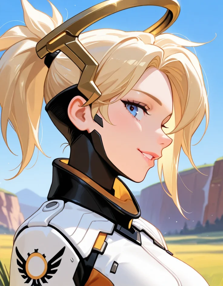 masterpiece, best quality, amazing quality, very aesthetic, absurdres, newest, detailed background, cowboy shot, 4k, 8k, outdoors,
mercyxd, solo, 1girl, halo, mechanical halo, blonde hair, ponytail, portrait, hair tie, bodysuit, high ponytail, blue eyes, profile, high collar, turtleneck, from side, lips, headgear, parted lips, nose, looking at viewer, grin, head tilt,
<lora:Mercy_-_Overwatch_Illustrious:1>