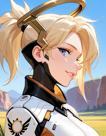 masterpiece, best quality, amazing quality, very aesthetic, absurdres, newest, detailed background, cowboy shot, 4k, 8k, outdoors,
mercyxd, solo, 1girl, halo, mechanical halo, blonde hair, ponytail, portrait, hair tie, bodysuit, high ponytail, blue eyes, profile, high collar, turtleneck, from side, lips, headgear, parted lips, nose, looking at viewer, grin, head tilt,
<lora:Mercy_-_Overwatch_Illustrious:1>