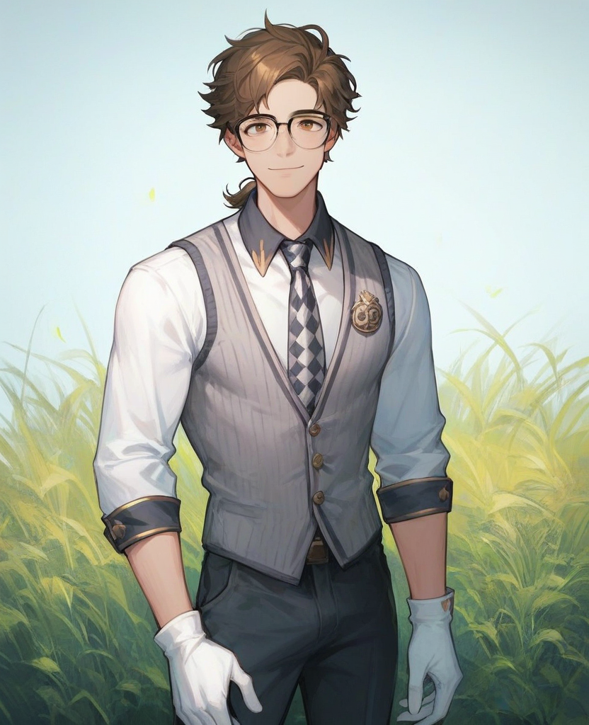 score_9,score_8_up,score_7_up,genre_ hentai yaoi,sexy appearance,(perfect male body),manly horror,
1boy,solo,handsome,white gloves,sexy appearance,standing,slim,
<lora:add-detail-xl:3>,<lora:Perfect Hands v2:1>,rating_explicit,voluptuous body,seductive pose,looking at viewer,on a grass field,shiny skin,
<lora:ææé:0.5>,glasses,brown hair,shirt,necktie,brown eyes,vest,collared shirt,ponytail,bangs,Bad smile,