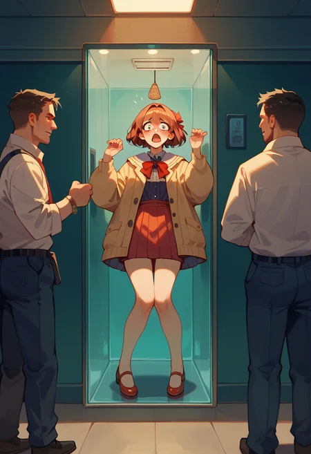 score_9, score_8_up, score_7_up, best quality, masterpiece, source_anime, zPDXL2, BREAK 1girl, crowd of people in front, scared , transparent locker , <lora:inside_of_locker_r1:1.3>