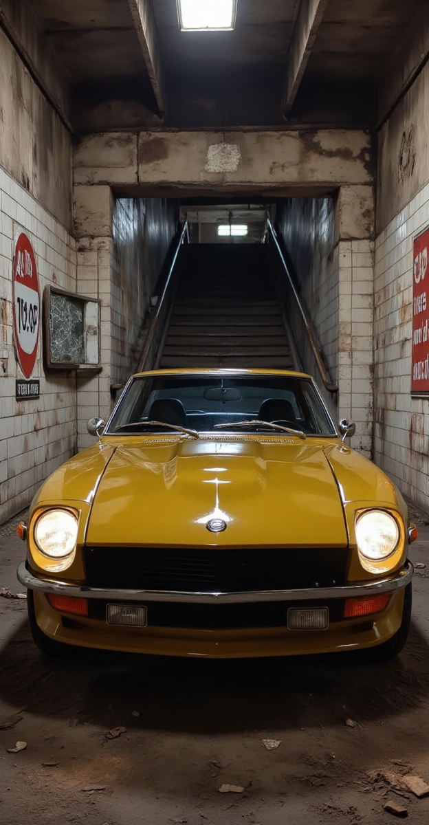 The front end of the 1972 Nissan Datsun 240Z sits at the edge of a stairwell leading down to an underground transit station, its golden headlights casting a dim glow onto the first few steps before they vanish into darkness. The black grille with horizontal slats and central red Datsun emblem stand out against the backdrop of stained tiled walls, covered in peeling advertisements for events long past. The chrome front bumper, still gleaming despite the decay surrounding it, catches a fleeting reflection of a cracked security mirror mounted on the entrance wall. The wind moves through the stairwell, carrying an unnatural stillnessâthere are no train sounds, no distant echoes, just a hollow silence stretching deeper into the void.
<lora:Liminal-Space-Flux:0.75>  <lora:ral-nssndtsn:1>