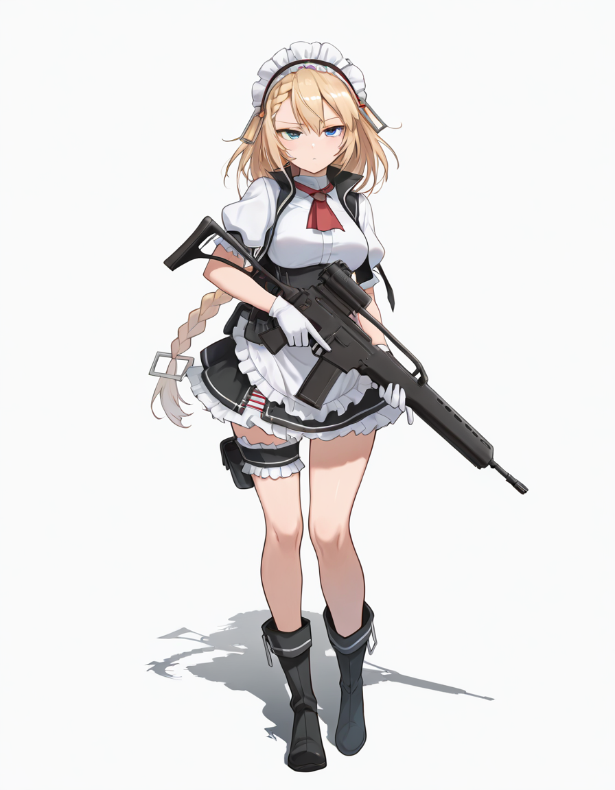 Volumetric Lighting, (masterpiece), (best quality), (ultra-detailed), masterpiece, source_anime, score_9, score_8_up, score_7_up BREAK, illustration, disheveled hair, detailed eyes, perfect composition, moist skin, intricate details, detailed eyes, detailed face, detailed fingers BREAK, G36,blonde hair, blue eyes, braided bangs, braided ponytail,very long braid BREAK, G36def,def_dress, def_corset, def_maid_headdress, def_maid_apron, def_ascot, def_vest, def_boots, def_gloves, def_skirt,def_bridal_garter,def_pouch BREAK, looking at viewer, simple background, white background, holding, medium breasts, full body, weapon, holding weapon, gun, holding gun, rifle, assault rifle, scope, magazine (weapon), heckler & koch, trigger discipline, shadow