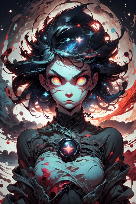 glowing eyes, glow, rage transformation, (red eyes:1.2), (rage:1.2), psycho, (madness:1.2), (angry:1.4), wide-open eyes, (blood:1.2), bloody face, 
masterpiece, abstract, fade out, dream, cosmic, 
<lora:more_details:0.4>
 <lora:Cosmic anime-oil fusion v2:0.45> 
<lora:AnimeVibesV3:0.3> animevibes, 
<lora:3DMM_V11:0.5> 3DMM 
<lora:midjourney_20230624181825:0.45> midjourney ,
 <lora:LAS:0.2> cloud,colorful,
<lora:msw_locon-t2:0.6>
 <lora:wuxia2:0.5> gu,
 <lora:CelestialSkin2:0.6> dark celestialskin body, void cosmic body,, shiny, shiny hair, shiny skin, shiny clothes