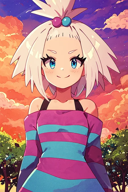 score_9, score_8_up, score_8, medium breasts, (curvy), cute, eyelashes, BREAK, , zzRoxie, blue eyes, white hair, hair bobbles, topknot, striped dress, <lora:Roxie_Pokemon_PDXL_Citron:0.8>, , BREAK, smile, looking at viewer, cowboy shot, outdoors, sky, day, cloud, tree, blue sky, sunny, Expressiveh, <lora:Alola_Style_PDXL:0.8>, <lora:Expressive_H-000001:0.4>,