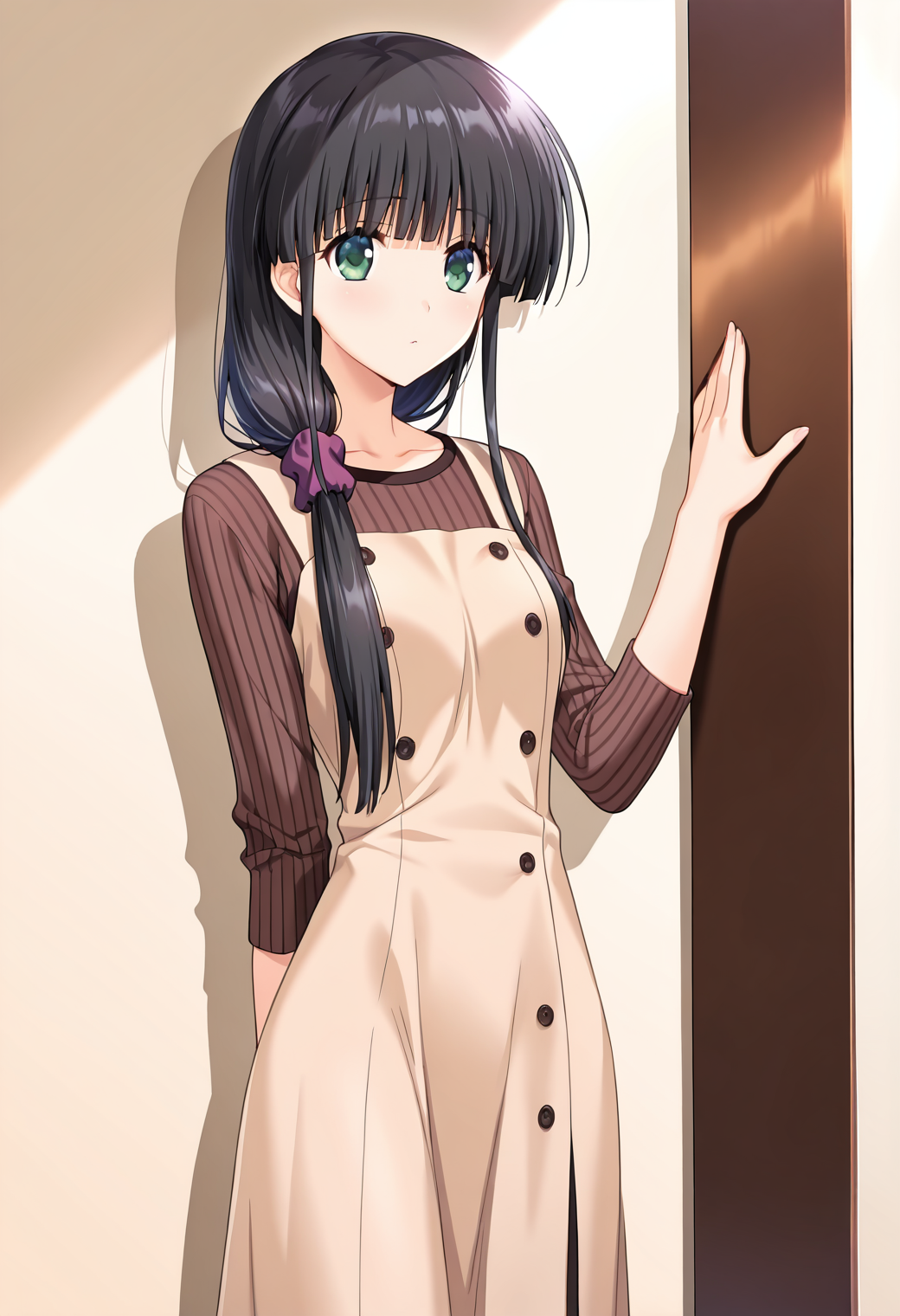 masterpiece, best quality, very aesthetic, absurdres, 1girl, solo,
<lora:hasebe_aya_v01:0.9>, hasebe_aya, aya_casual4, black hair, low-tied long hair, ponytail, hair over shoulder, blunt bangs, sidelocks, green eyes,
purple scrunchie, pinafore dress, sleeveless dress, brown sweater, striped sweater, long skirt, posing