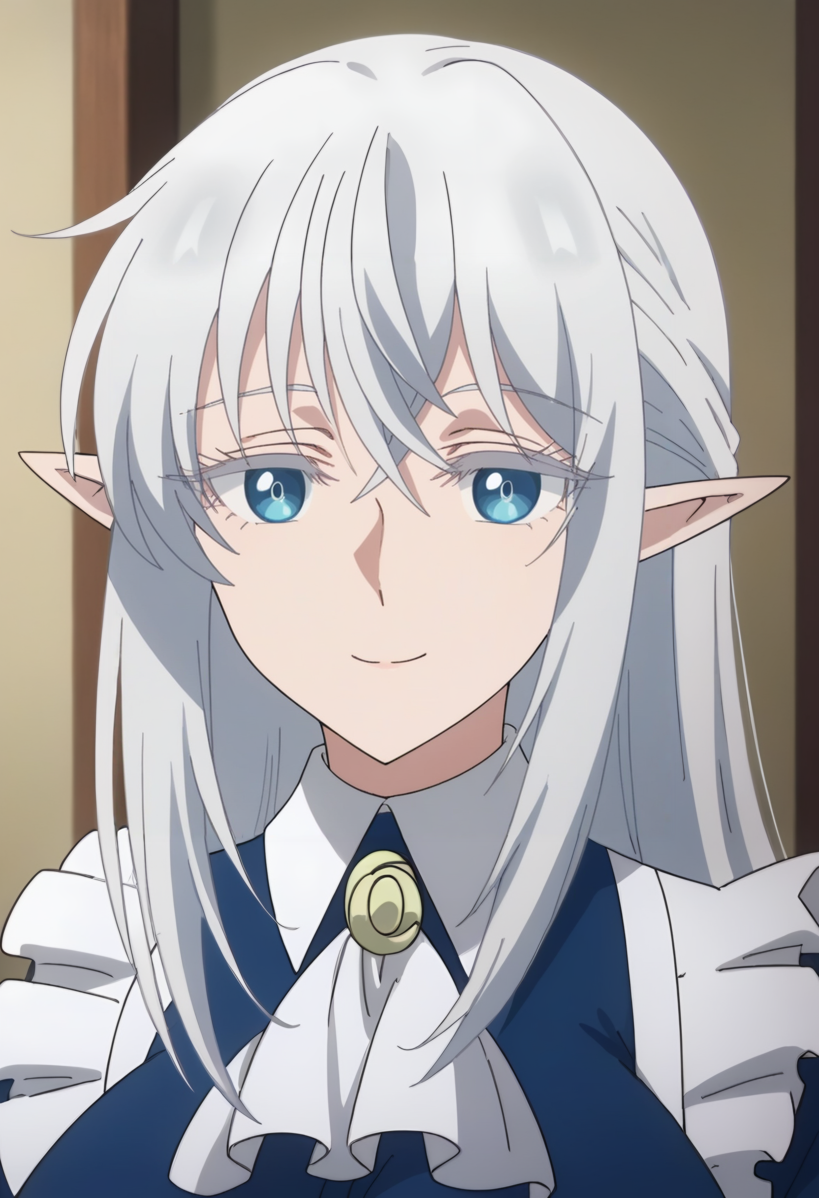 <lora:Schnee Raizer:1> schnee raizer, long hair, 1girl, pointy ears, white hair, elf, solo, hair between eyes, blue eyes, large breasts        , maid, blue dress, long sleeves, white apron, maid apron, white ascot,  brooch, smile, looking at viewer, upper body, score_9, score_8_up, score_7_up, , anime coloring ,BREAK source_anime, anime