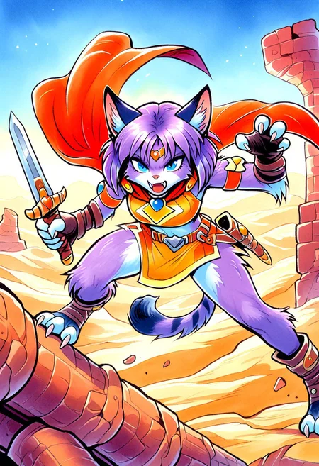 masterpiece, best quality, amazing quality, very aesthetic, absurdres, newest, glorffl3, sfxm, 1girl, anthro, purple cat, cat ears, cat tail, paws, claws, fluffy, fluffy fur, body fur, medium purple hair, gold circlet, blue eyes, armband, orange crop top, red cape, orange miniskirt, belt, sheathed sword, slide slit, brown fingerless gloves, action pose, ruins, desert, open mouth, fangs, claw pose,