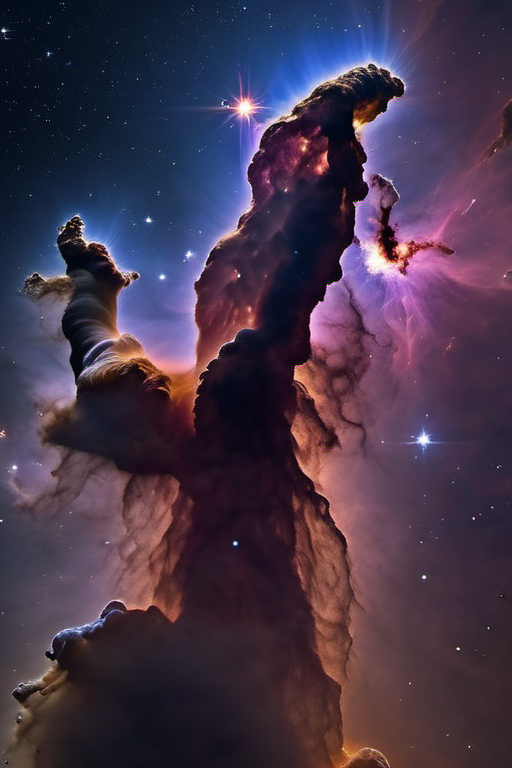 a gaseous pillar nebula roughly in the shape of a giant hand reaching up. the nebula extends out of frame. (8k, high resolution, extreme detail), color gradation, exquisite details, sharp focus, intricate details, taken with a CANON EOS R6 camera, 18mm lens