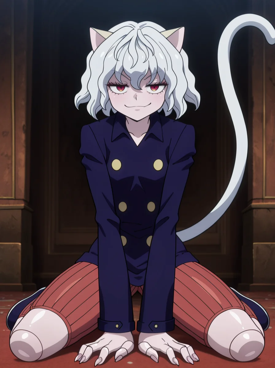 masterpiece, best quality, amazing quality, very aesthetic, absurdres, newest,shiny skin, anime screenshot,
<lora:Neferpitouillust:1>1girl, neferpitouillust, other focus, solo, animal ears, cat ears, tail, cat tail, androgynous, short hair, white hair, smile, doll joints striped pants, smirk smug,