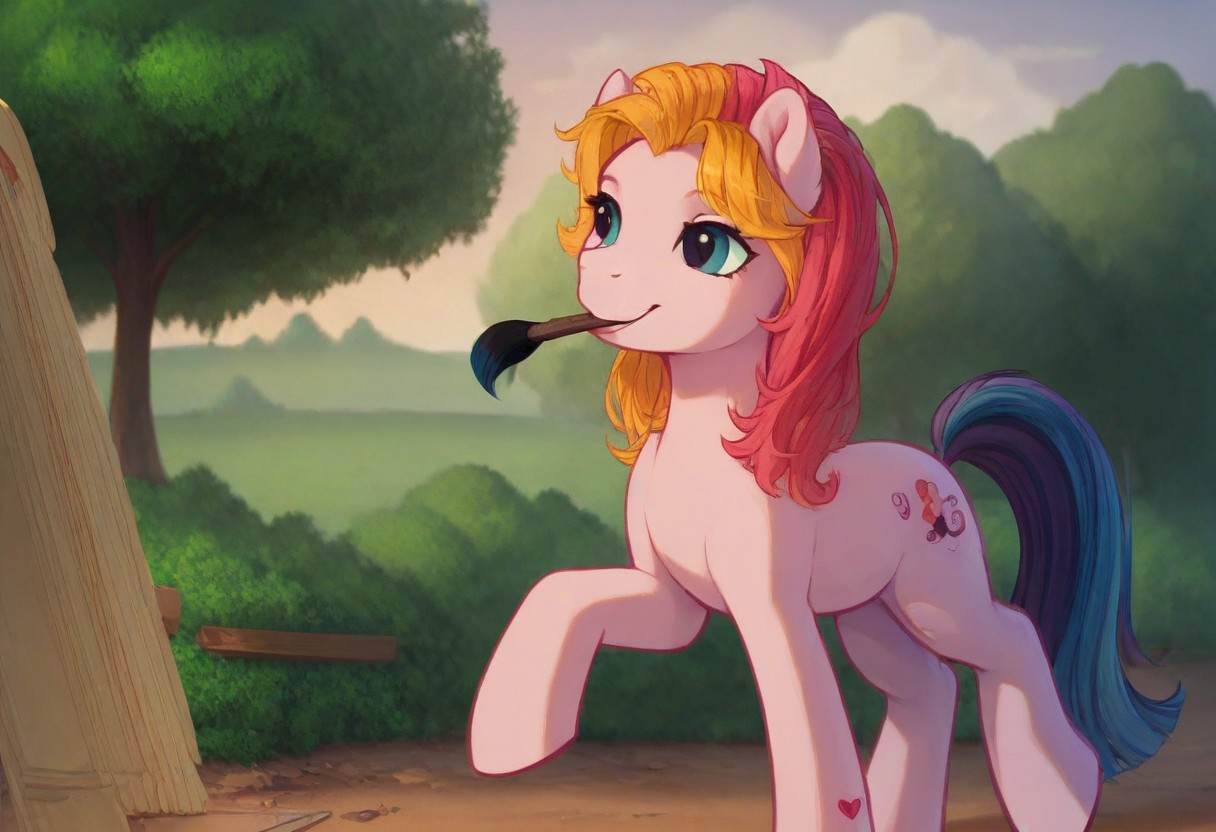score_9, score_8_up, score_7_up, score_6_up, score_5_up, score_4_up, detailed background
outdoors, park, trees, sun, bushes
Toola-Roola mlp, feral, pony, multicolored hair, slim, smile, break
paintbrush in mouth, painting the picture