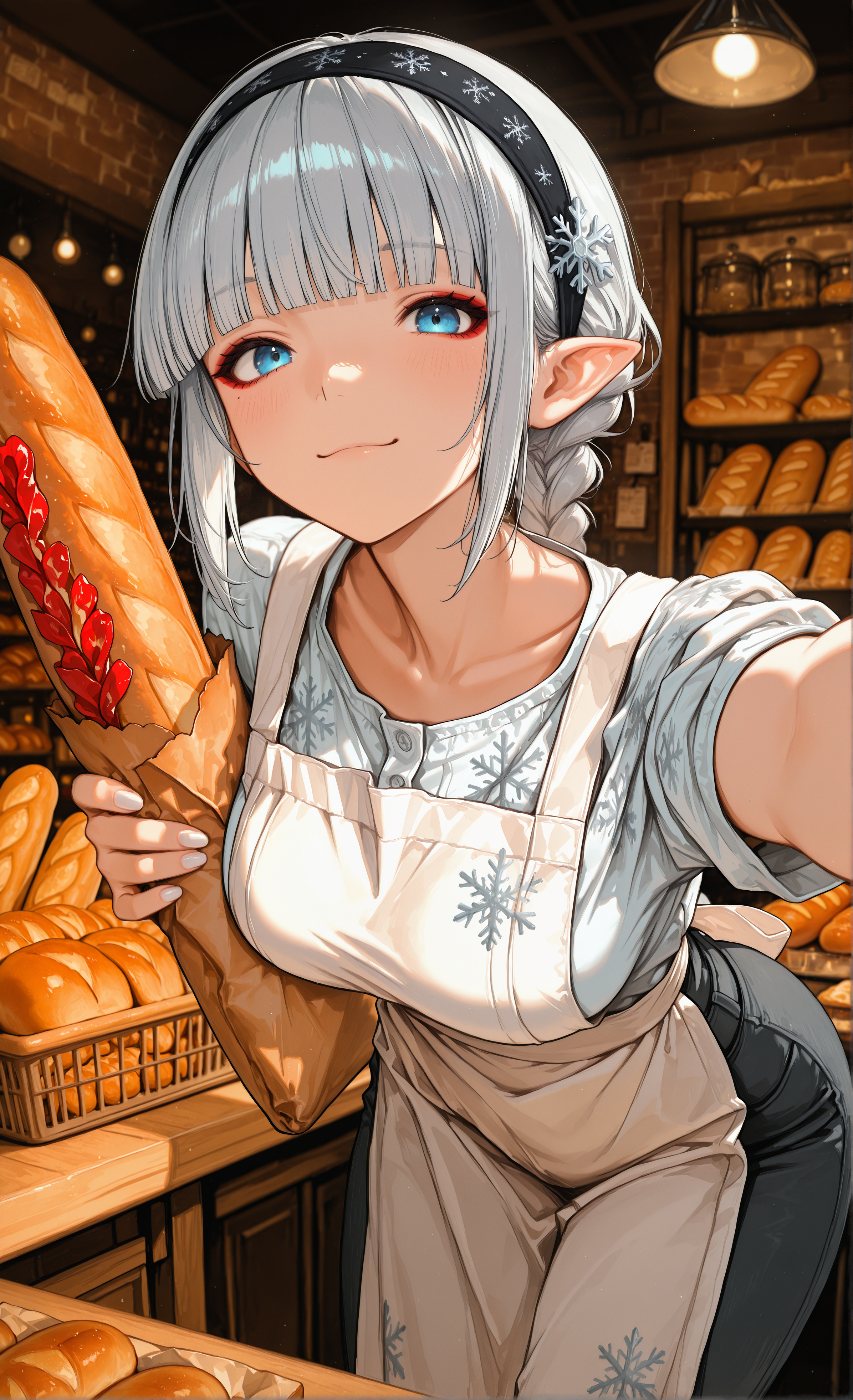 masterpiece, sharp detail, intricate detail, 1girl, pointy ears, blue eyes, short hair, silver hair, black hairband, medium breasts, blunt bangs, white nails, red eyeliner, <lora:aosiai123_style:0.8> traditional media,  aosiai123_illu, single braid, long braid, soft smile, from below, facing viewer, looking at viewer, holding baguette, outstretch arm to viewer, leaning forward,  indoors, bakery, white apron, pants, shirt, working in shop, baguette, bread slice, table, snowflake print,  chiaroscuro, volumetric lighting, dappled light, dramatic shadows, cinematic lighting, detailed background,  <lora:NOOB_vp1_detailer_by_volnovik_v1:0.7> <lora:illustriousXL_stabilizer_v1.23:0.8>,