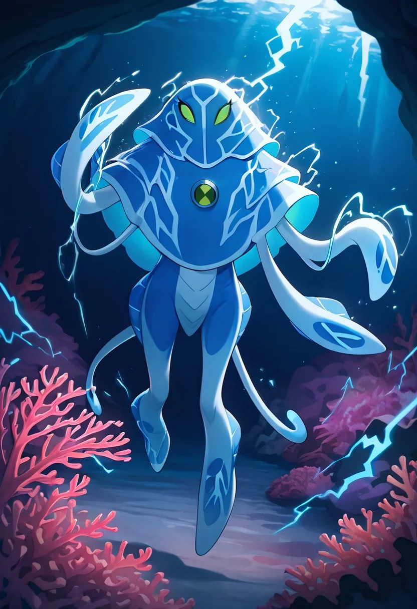 masterpiece, best quality, amazing quality, very aesthetic, absurdres, newest,, detailed background,
ampfibian, full body, pokemon (creature), no humans, colored sclera, green eyes, blue skin, tentacles, extra eyes, colored skin, squid, jellyfish, no mouth,
detailed background, underwater, electricity, blue electricity, lightning, coral reefs, dynamic pose,