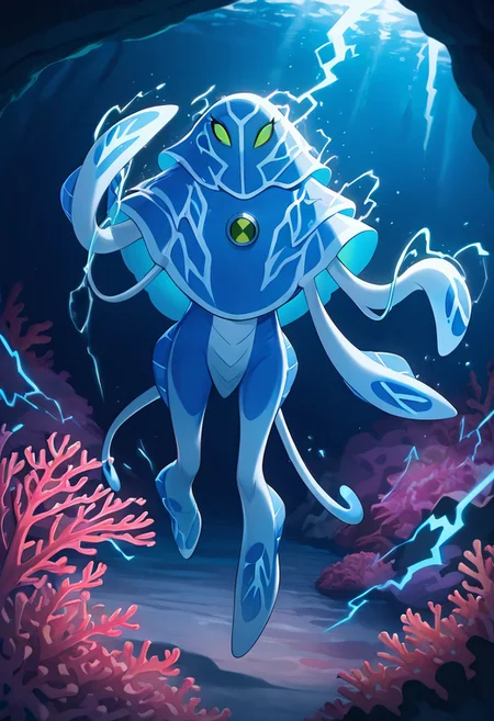 masterpiece, best quality, amazing quality, very aesthetic, absurdres, newest,, detailed background, 
 ampfibian, full body, pokemon (creature), no humans, colored sclera, green eyes, blue skin, tentacles, extra eyes, colored skin, squid, jellyfish,   no mouth, 
detailed background, underwater, electricity, blue electricity, lightning, coral reefs, dynamic pose,