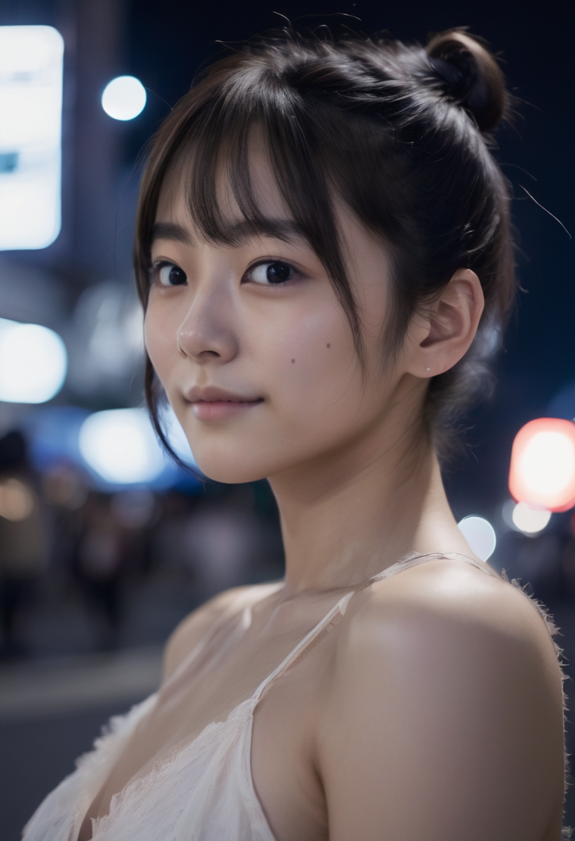 jpn-girl, Professional portrait photography of the face of a beautiful girl with (glossy nude lips) with black eyes, Nikon Z9, looking at the camera, realistic matte skin, highly detailed, skin texture visible,
18  yo, bun hair ,
woman wearing dress,blurry background,  in shibuya night view,
<lora:jpn-girl_v1:0.75>