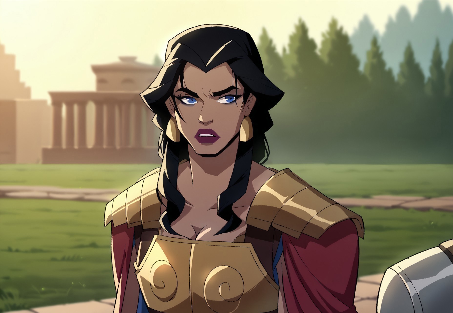 safe_pos, score_9, score_8_up, score_7_up, hippolyta, long hair, blue eyes, black hair, makeup, lipstick, armor, jewelry, earrings, greek dress, cleavage, 1woman