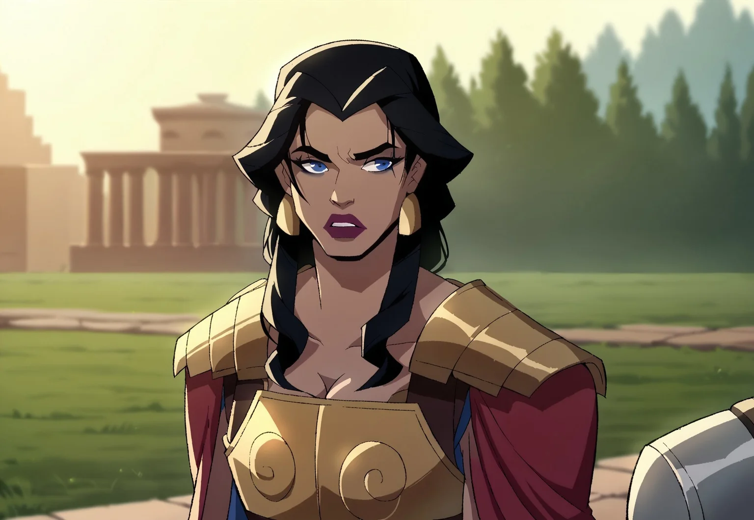 safe_pos, score_9, score_8_up, score_7_up, hippolyta, long hair, blue eyes, black hair, makeup, lipstick, armor, jewelry, earrings, greek dress, cleavage, 1woman
