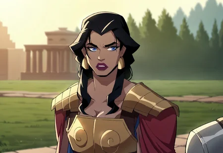 safe_pos, score_9, score_8_up, score_7_up, hippolyta, long hair, blue eyes, black hair, makeup, lipstick, armor, jewelry, earrings, greek dress, cleavage, 1woman